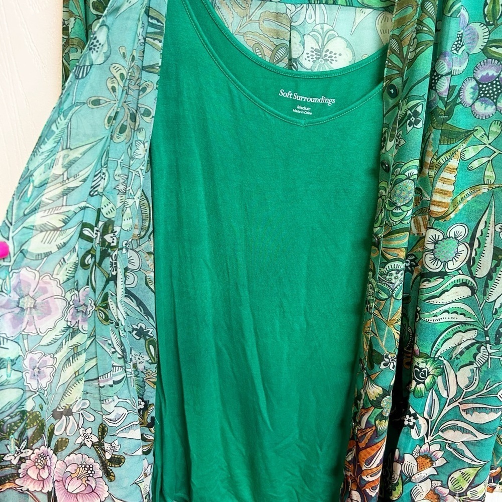 Soft Surroundings Luau Garden Shirt Sheer Blouse w Tank Top Green Floral Medium - Picture 8 of 10